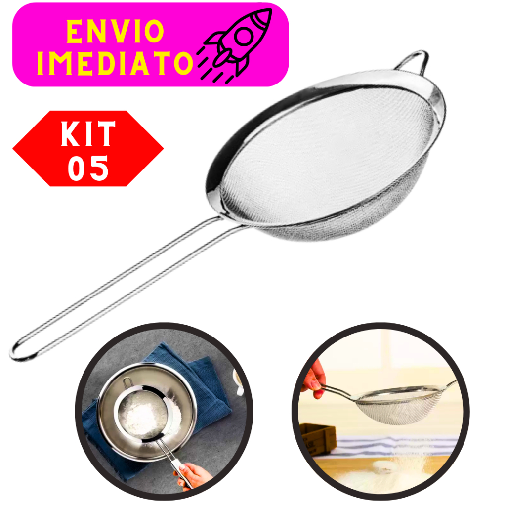 Kit 05 Peneiras Não Solta Nenhum Resíduo Aço Inoxidável 10 Cm Ideal Para o Dia-Dia Aro