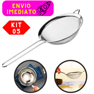 Kit 05 Peneiras Não Solta Nenhum Resíduo Aço Inoxidável 10 Cm Ideal Para o Dia-Dia Aro