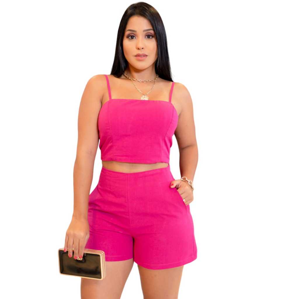 CONJUNTO FEMININO 2 PEÇAS SHORT E CROPPED EM LINHO VERÃO em Oferta na Shopee