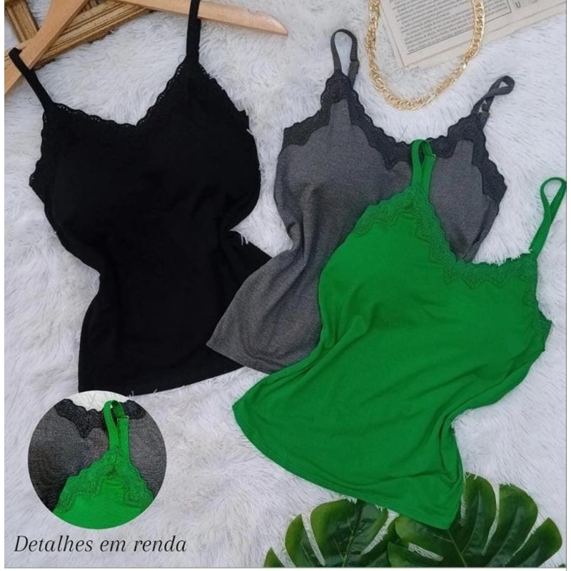 Kit 3 Regatas blusinhas Viscolycra feminina alcinha regulável bojo e renda em Oferta na Shopee
