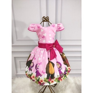 Vestido Menina Infantil Luxo Temático Manga Viés Macha e o Urso