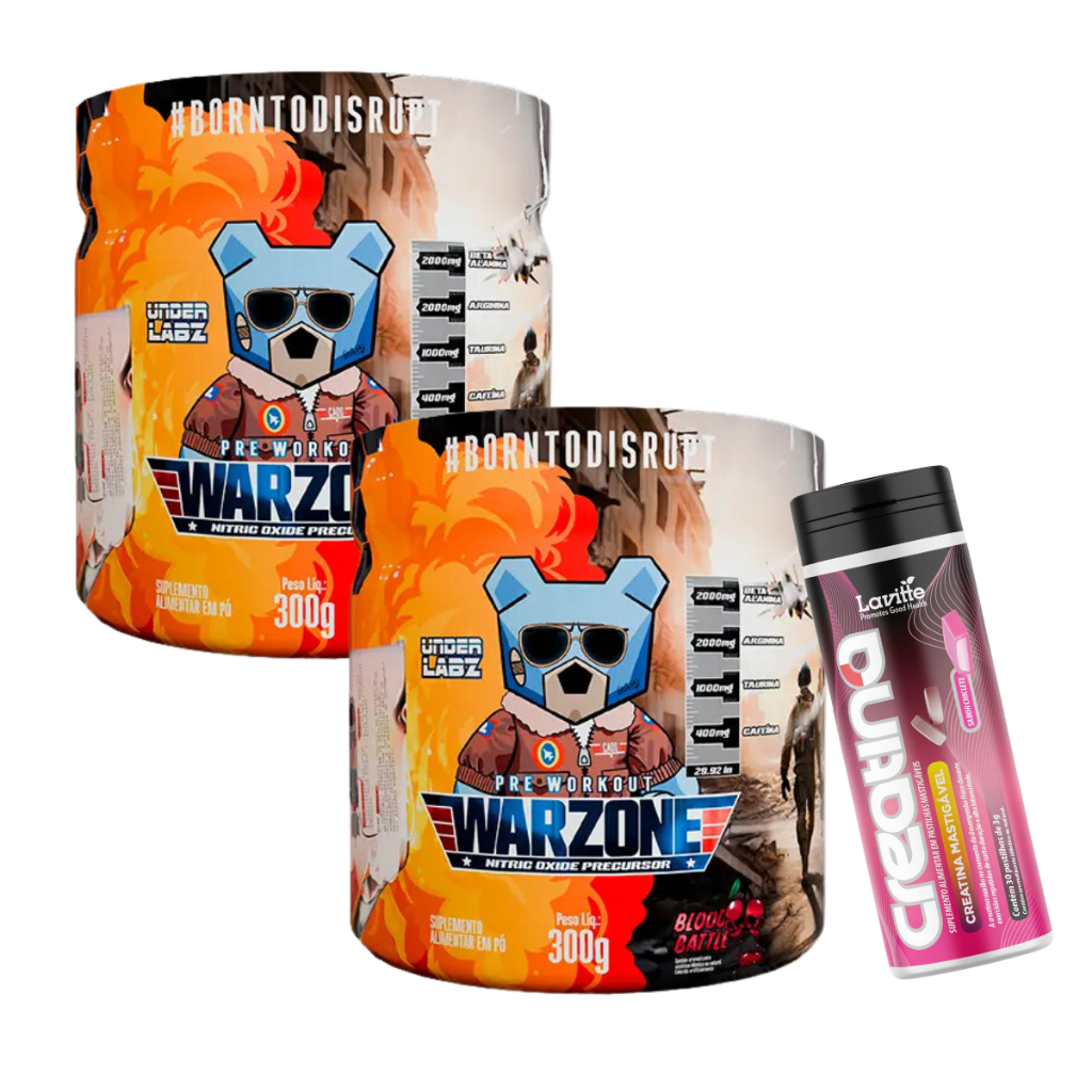 2x Warzone Com Pump Matrix - Pré Treino 300g - Under Labz + Creatina - Mastigável 30 Pastilhas 3g - Lavitte