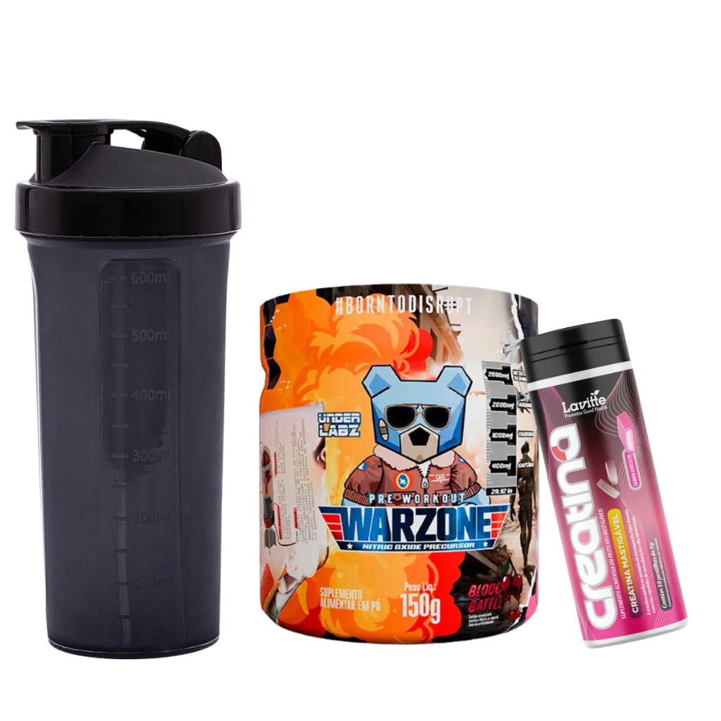 Warzone Com Pump Matrix - Pré Treino 150g - Under Labz + Creatina - Mastigável 30 Pastilhas 3g - Lavitte + Coqueteleira