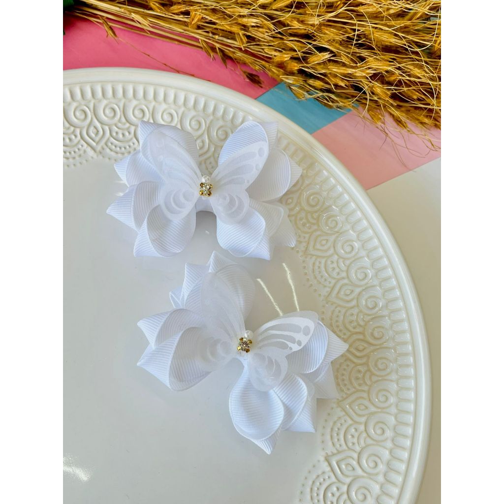 Dupla de Laço / Duplinha de Laço / Laço Branco, Rosa, Azul, Amarelo, Verde, Vermelho Borboleta F