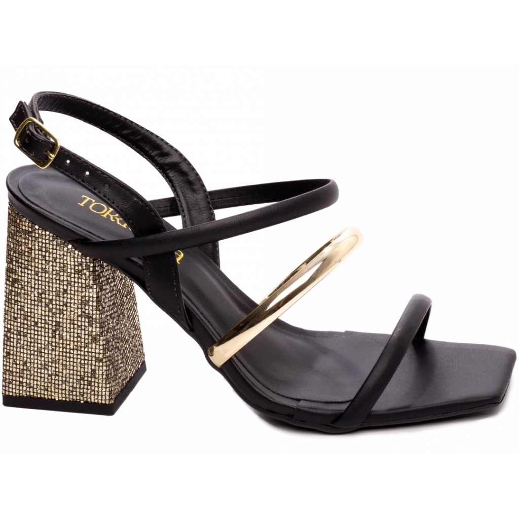 Sandália Feminina Preto E Metalizado Ouro Salto Grosso 9 cm Luxo e Conforto.