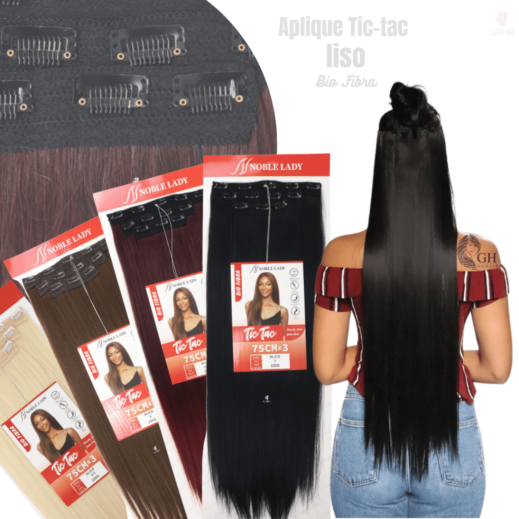 Aplique Tic Tac Identico Ao Humano 100 % Bio Fibra  Kit 3 Telas - Liso Longo 220 Gr - 80 Cm  - Alice -