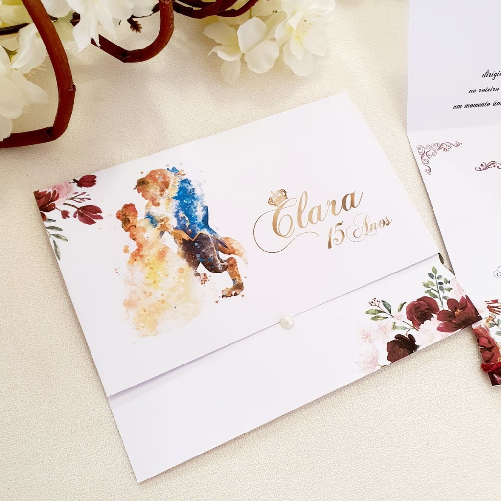 Convite 15 Anos Tema Bela e a Fera com Fechamento em Pérola - Luxo e Encanto Personalizado para Sua Festa