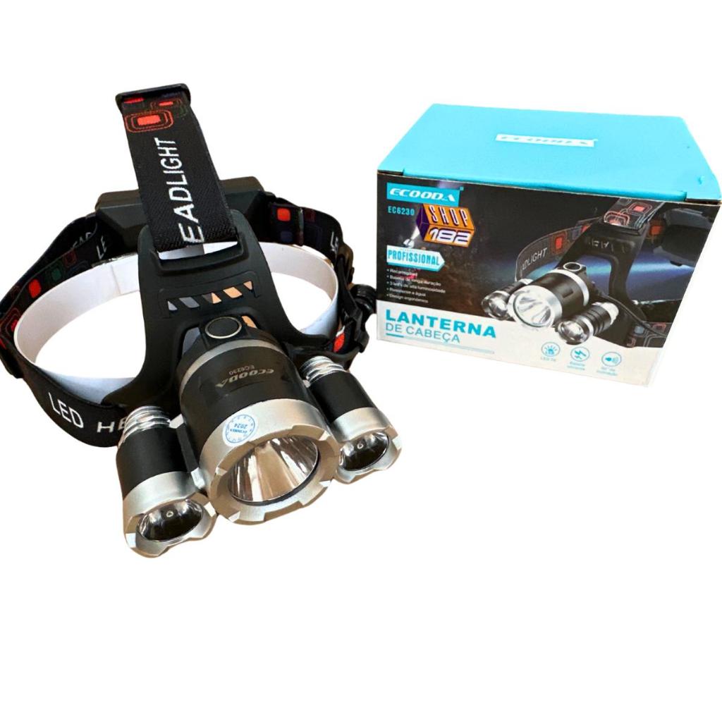 Lanterna Cabeça Profissional 3 Led T6 Cree 2 Baterias Pesca Caça Ecooda EC6230