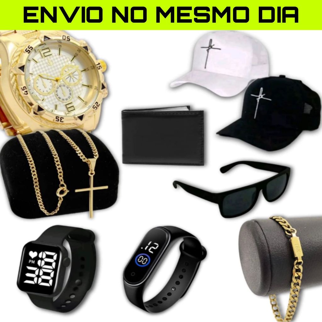 Kit Masculino Boné +Corrente Cruz +Pulseira + Óculos+ Relogio aço+m4+relógio digital + Carteira Luxo