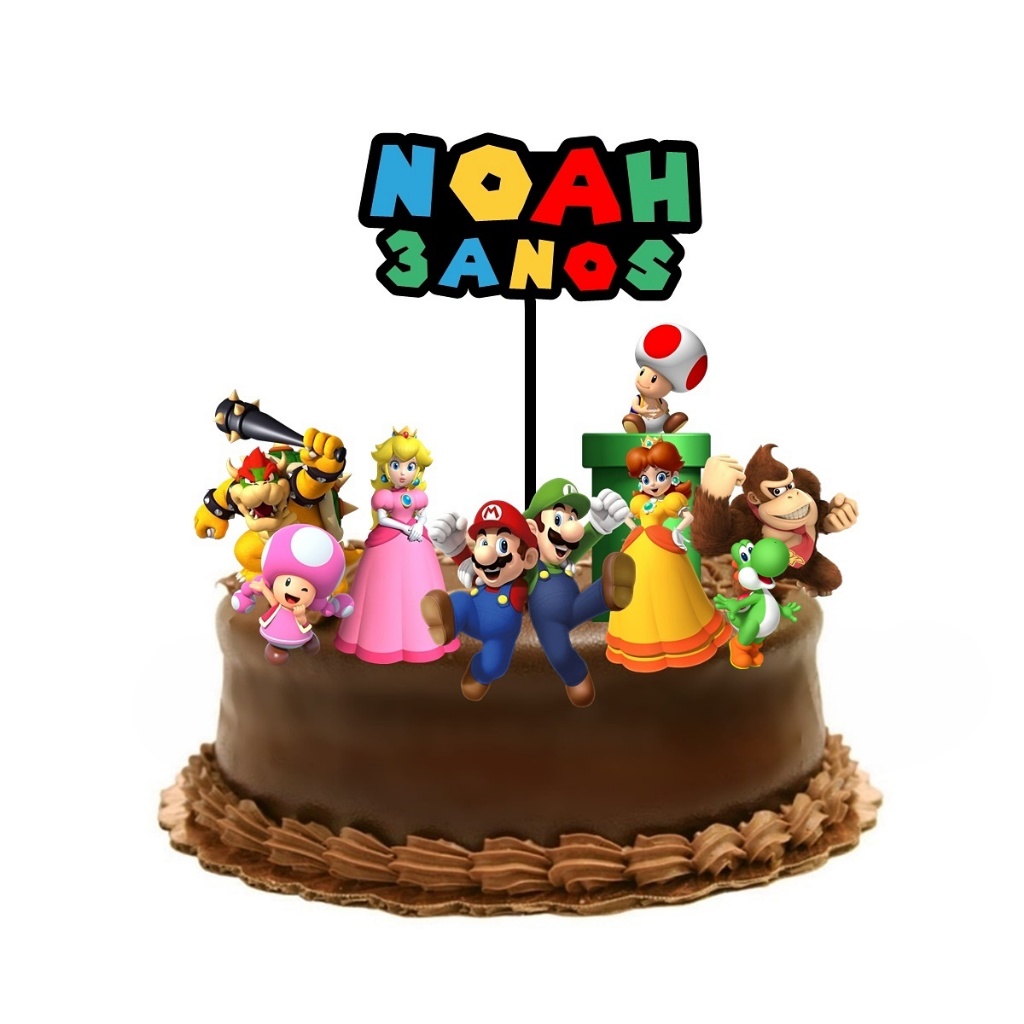 Topo de Bolo Turma do Super Mario Topper Personalizado Nome e Idade Aniversário  Mario Luigi Princesas  Peach e Daisy