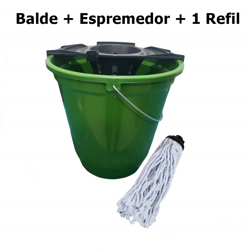 Refil Mop Esfregao Algodao + Balde VERDE 13 Litros Especial Limpeza + Espremedor - O MAIS VENDIDO