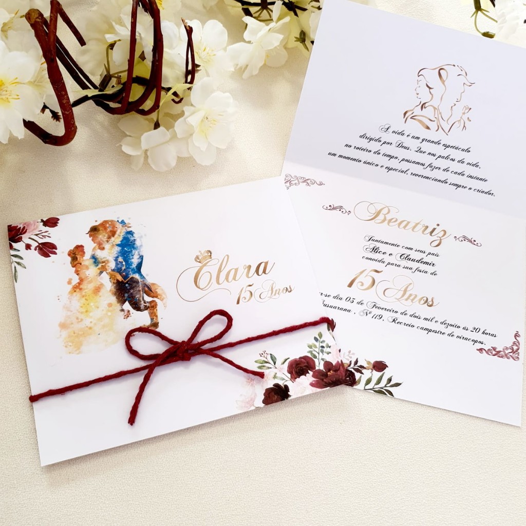 Convite 15 Anos Tema Bela e a Fera - Luxo e Encanto Personalizado para Sua Festa | Promoção Imperdível para Debutantes