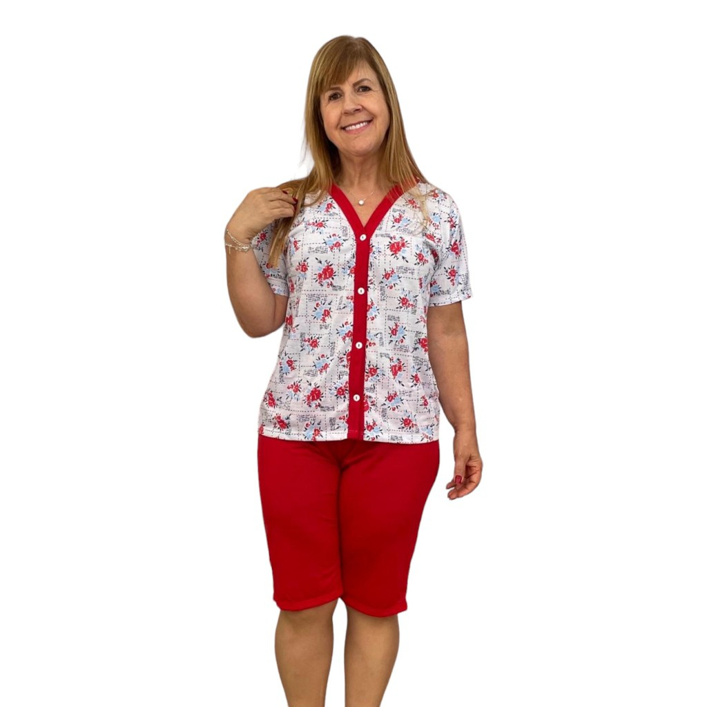 Pijama Pescador Aberto Manga curta amamentação cirurgia botão conjunto feminino em Oferta na Shopee