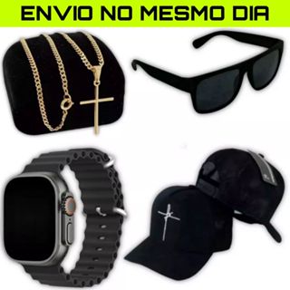 Kit Relogio Premium Preto Masculino + Corrente Cruz Banhado a Ouro + Boné Fé + Óculos Premium em Oferta na Shopee