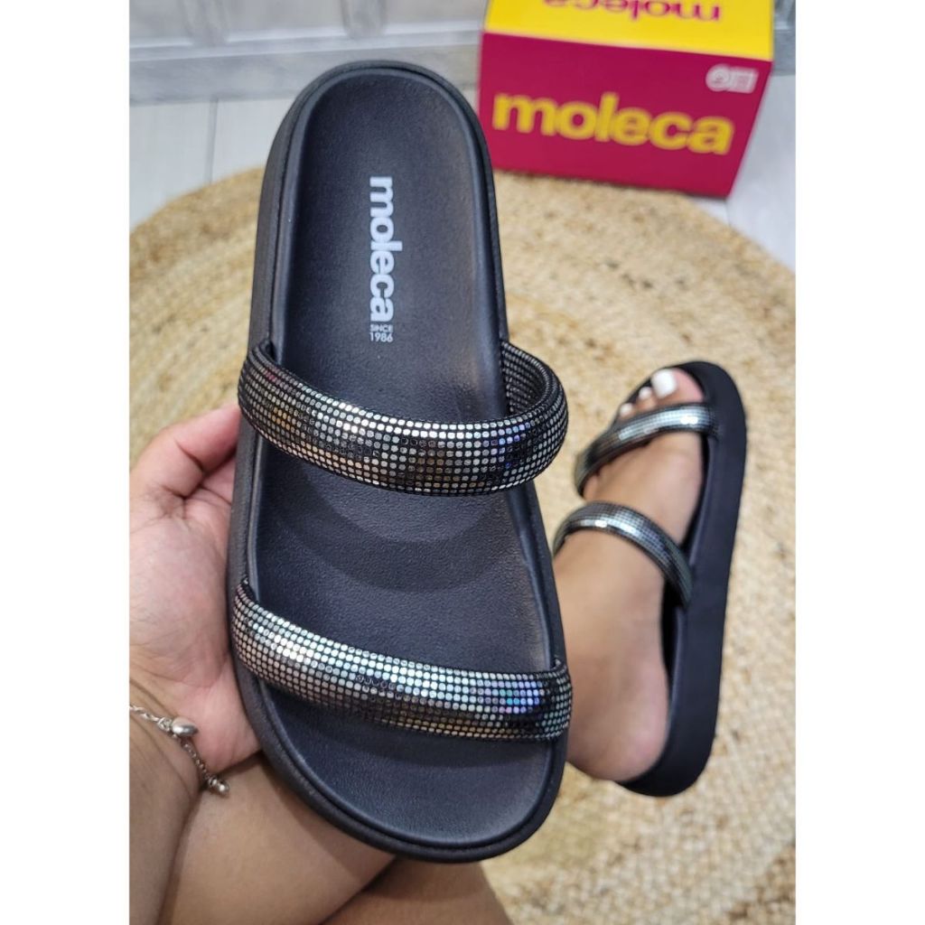 Sandália Feminina Papete Gliter 2 Tiras grossa brilho Moda Tendência