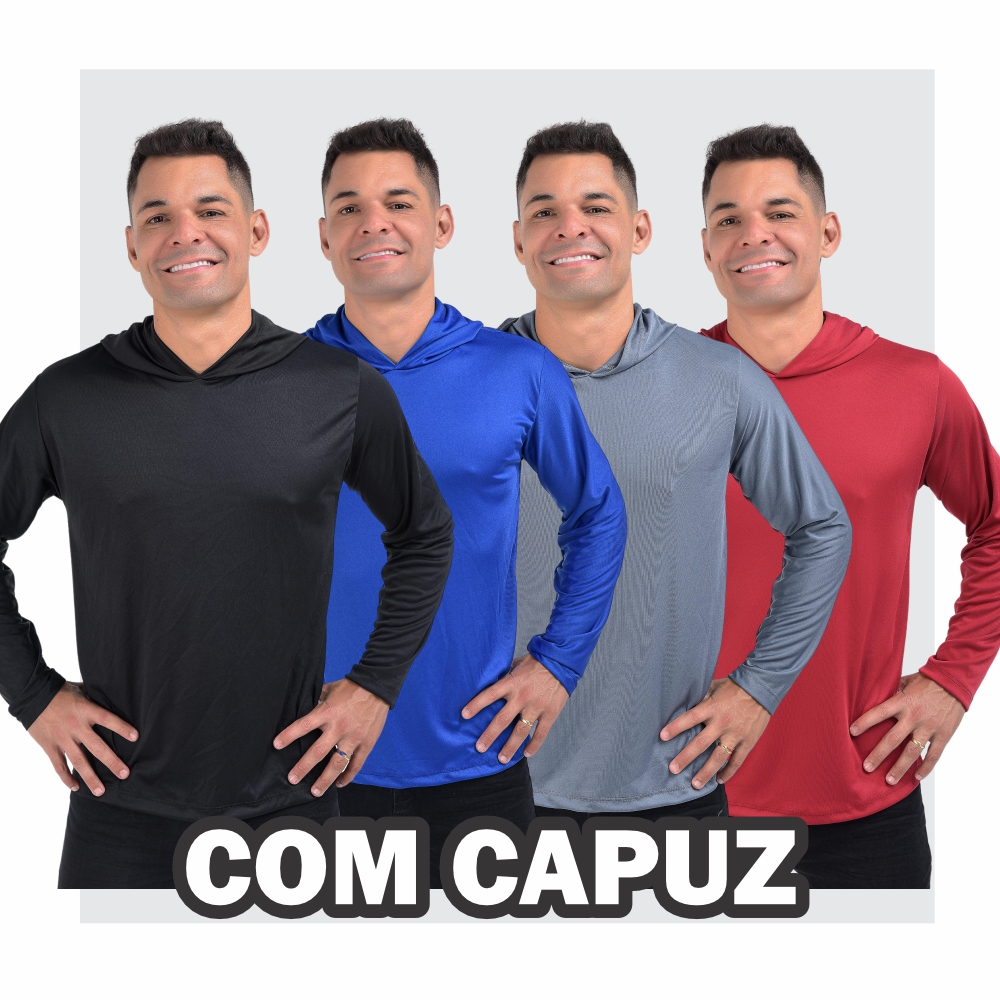 Camisa Camiseta Dry fit Manga Longa Esportiva com Capuz Masculina Proteção Uv 50+ Touca Treino