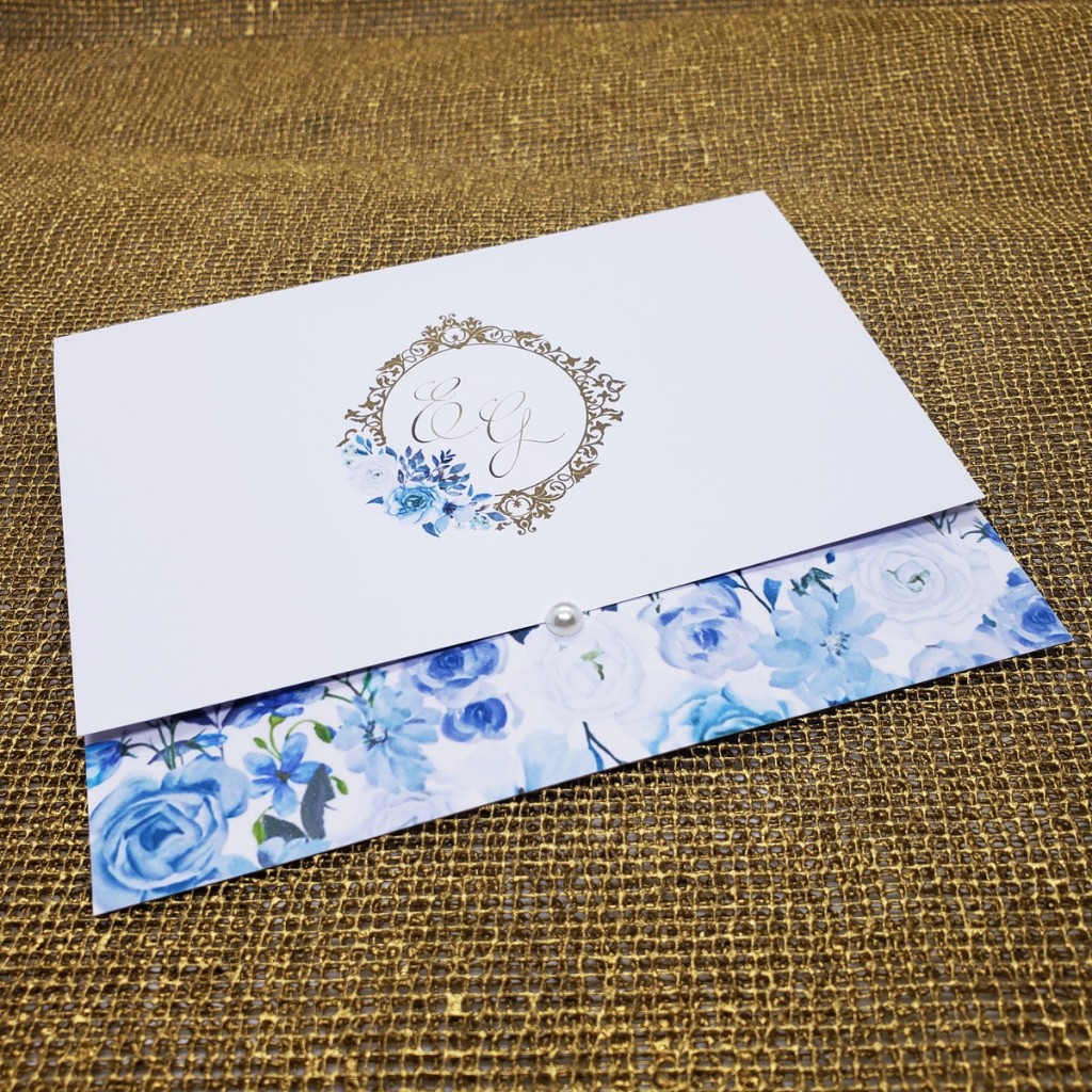 Convite de Casamento Azul Serenity e Rosa com Fechamento em Pérola em Oferta na Shopee