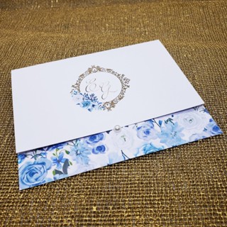 Convite de Casamento Azul Serenity e Rosa com Fechamento em Pérola em Oferta na Shopee