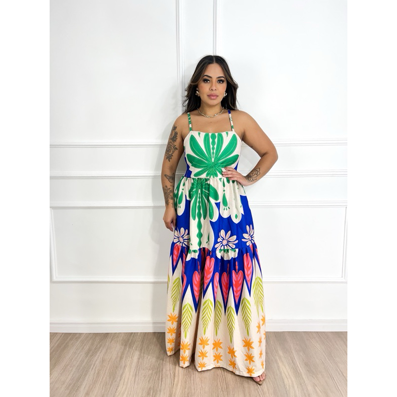Vestido Longuete inspirado em estampas tropicais