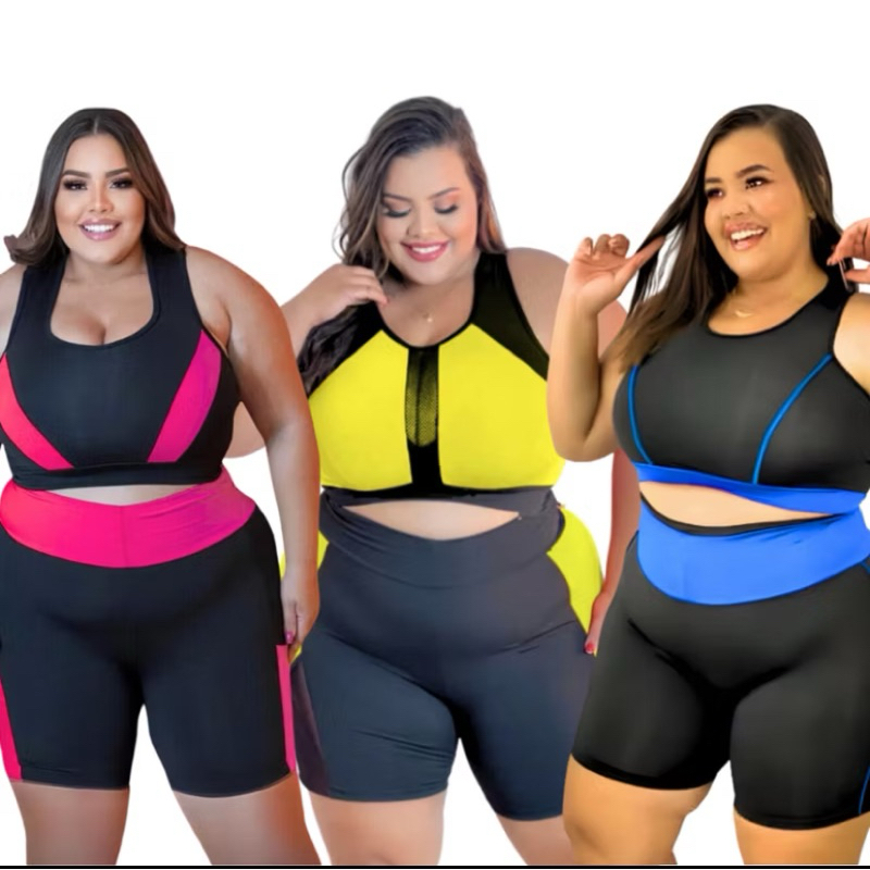 Kit 3 conjuntos Fitness PLUS SIZE GG ao EXGG Treino Academia Ginástica Modelo Curves Feminino