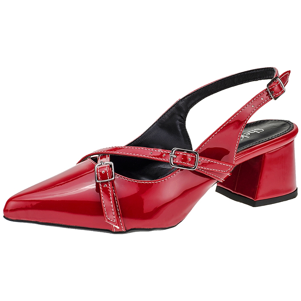 Sapato Feminino Slingback Bico Fino Saltinho Salto Shekinah Confortável Moderno Moda Retrô Fivelas - Women Shoes
