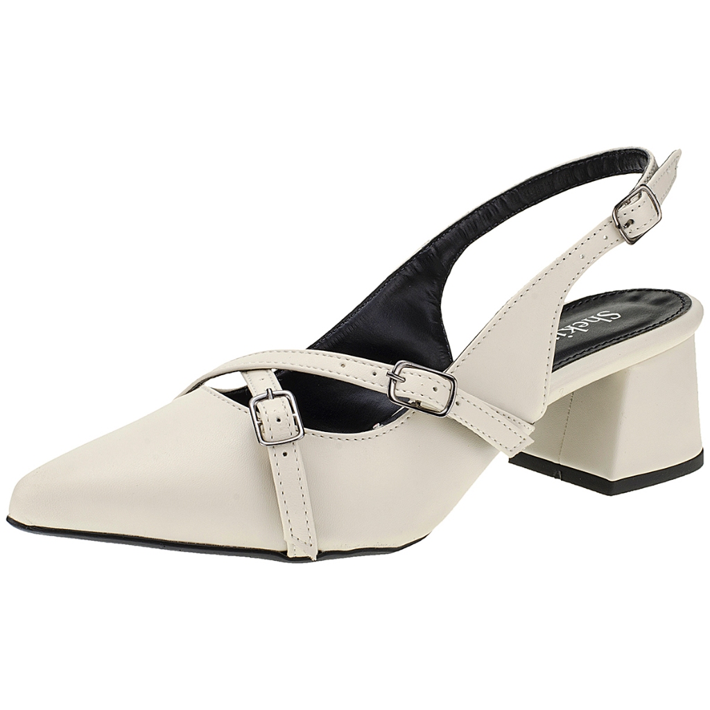 Scarpin Bico Fino Feminino Salto Baixo Slingback Shekinah Fivelas Confortável Lançamento Sensação