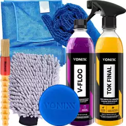 Kit Para Lavar Moto Shampoo Neutro V-Floc Cera Tok Final Aplicador Vonixx+ Luva Pano Microfibra