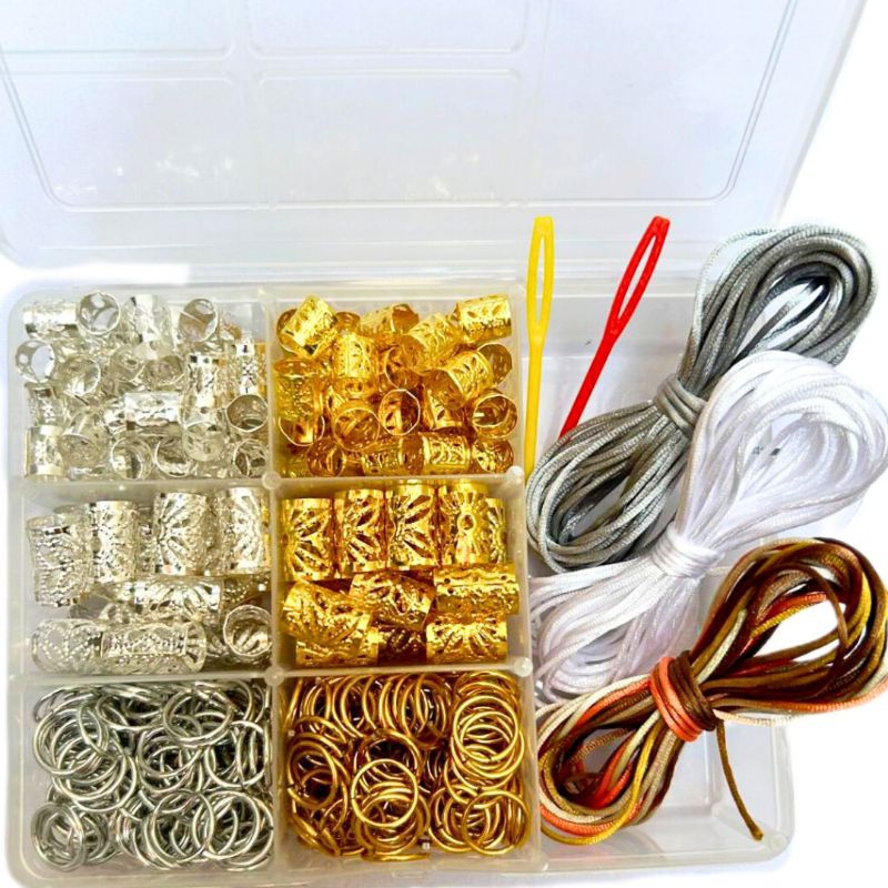 Enfeite para Trança kit Acessórios Anéis Argolas Douradas e Prateadas Jumbo Twist Box Braids Nagô Dreads Cabelo Trançado Fio de Cetim Rabo de Rato Barbante Fita Agulha Jóia Brilho Maleta Caixa
