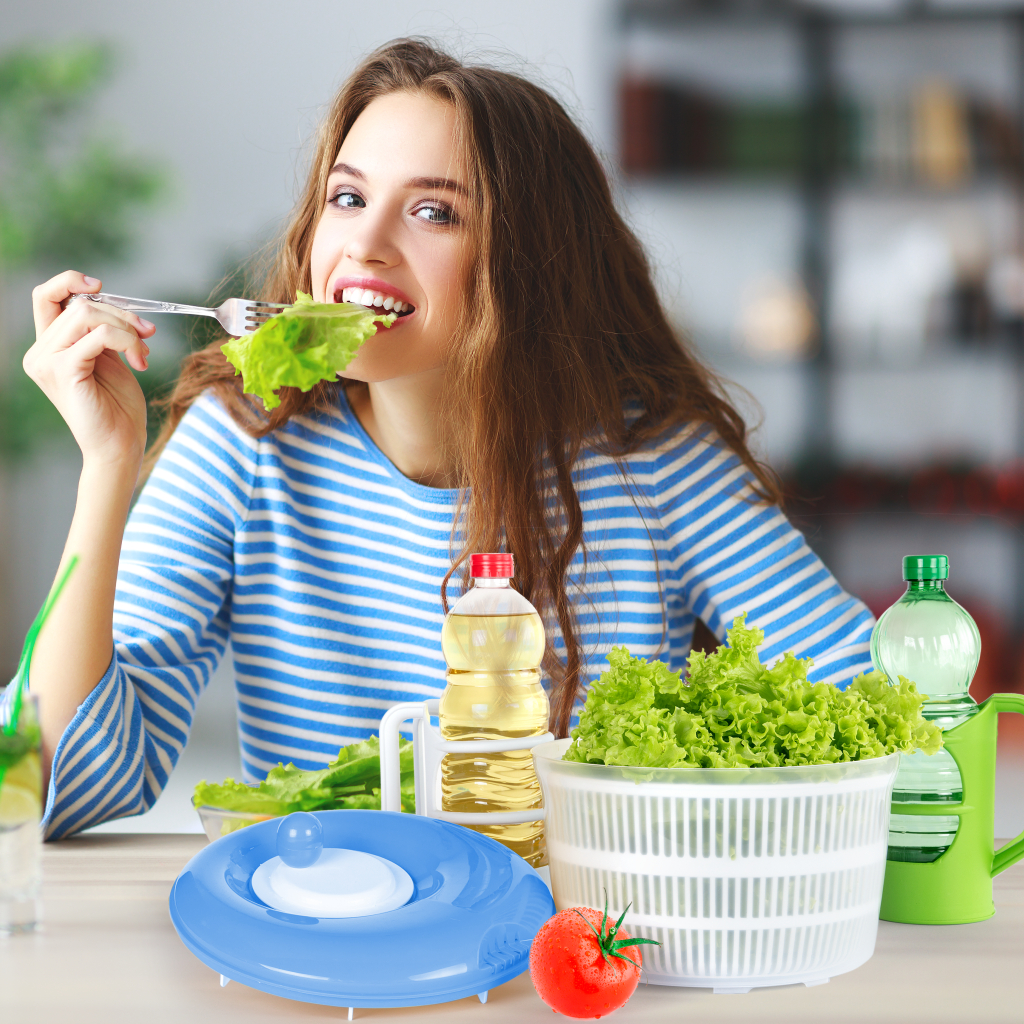 Seca Salada + Saladeira - Centrífuga de Salada e Verduras, Grande 4,5 L + 1 Saladeira Multiuso, 9L