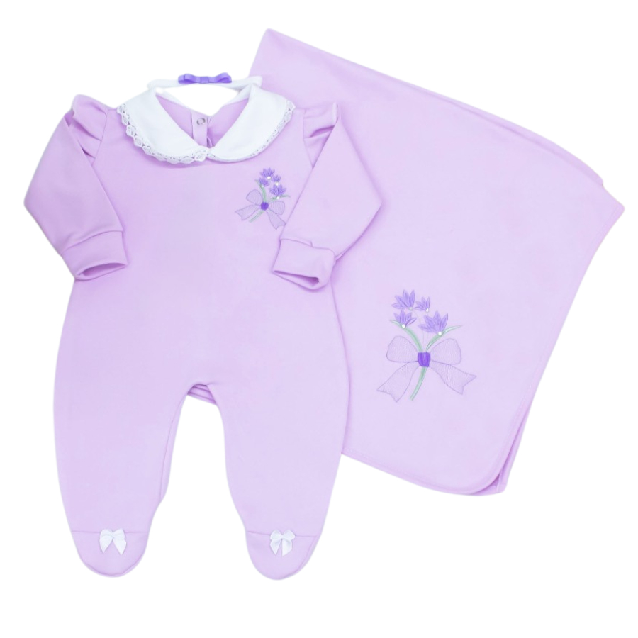 Saída de Maternidade para bebê Menina Lilás Bordada 03 Peças - Delicada Flores Feminina Moda Bebê
