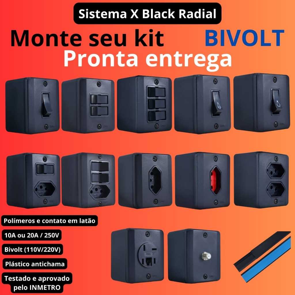 Conjunto Tomada e Interruptores 10A/20A Sobrepor Sistema X Black (Preta) Radial