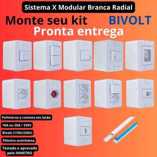 Conjunto Tomada e Interruptores 10A/20A Sobrepor Sistema X Modular Branca Radial Tomada Interruptor