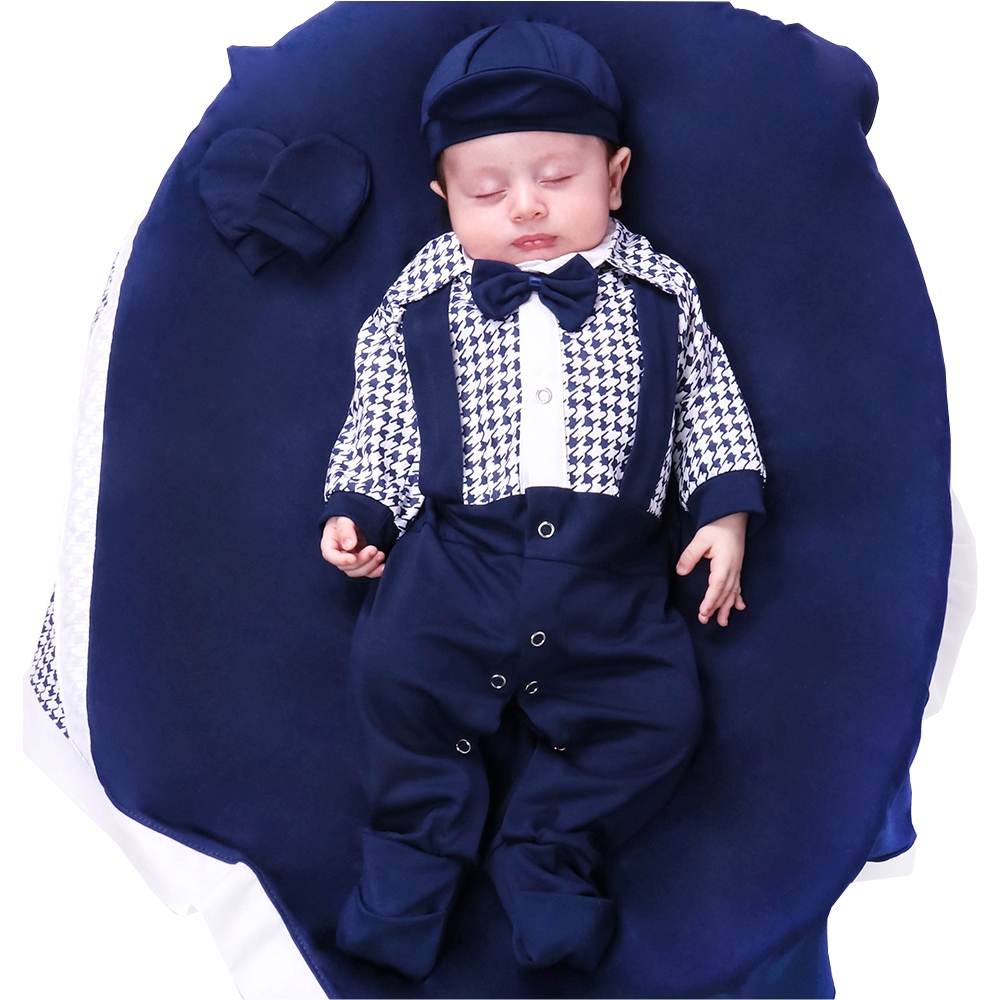Saída de Maternidade Para Bebê Menino Azul Cinza Branco 04 peças Miguel Suspensório Roupas de Bebê