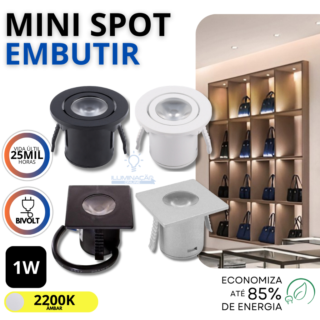 Mini Spot Led 1W Quadrado | Redondo Embutir Gesso Direcional Cor Branca e Preto | Âmbar Amarela