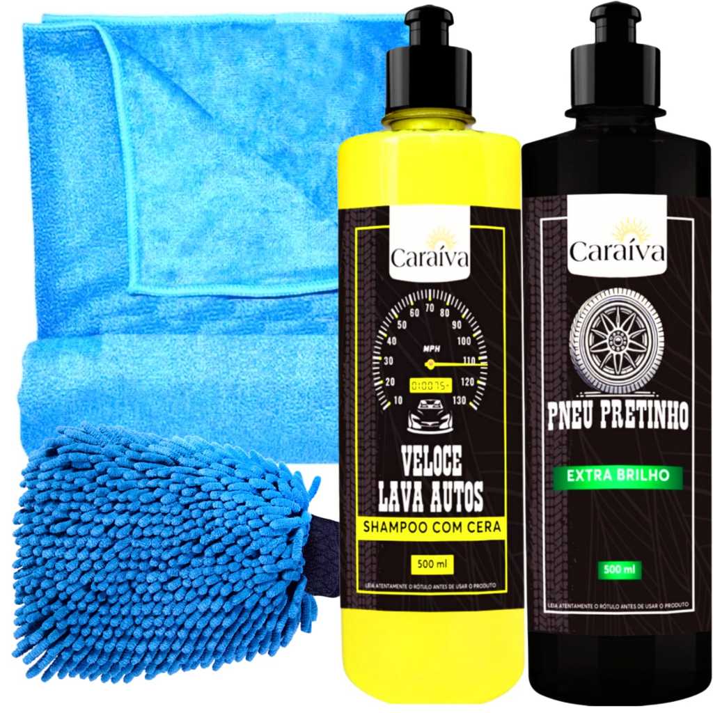 Kit Shampoo Neutro Automotivo Com Cera De Carnauba + Pneu Pretinho Extra Brilho Longa Duração 500ml