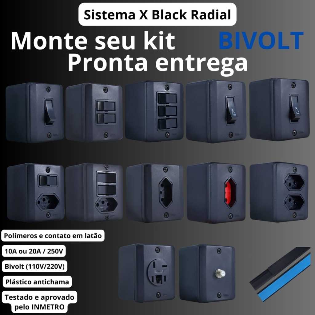 Tomada e Interruptores 10A e 20A Sobrepor Sistema X Black (Preta) Radial Tomada Interruptor em Oferta na Shopee