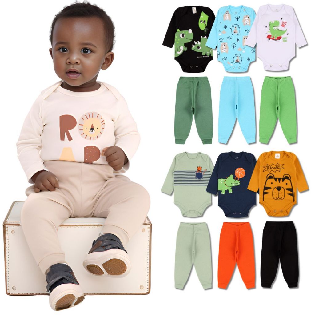 Kit 8 Peças de Roupas para Bebê Menino (4 Body Longo + 4 Calça Mijão) Kit 4 Conjunto Body + Calça Roupa Infantil Bebê em Oferta na Shopee