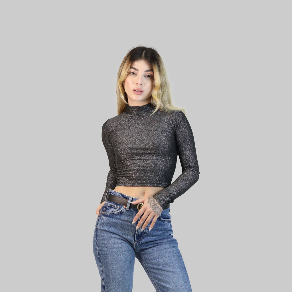 CROPPED FEMININO MANGA LONGA CROPTOP BLUSA COM BRILHO BRILOSA CROPED LUREX PAETE AITONA