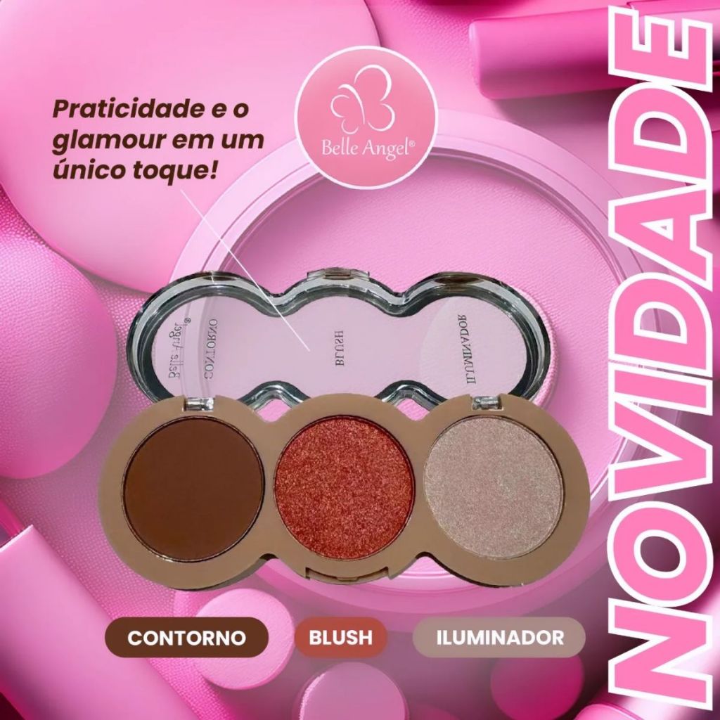 Paleta de Iluminador, Blush e Contorno 8,2g Lançamento - Belle angel