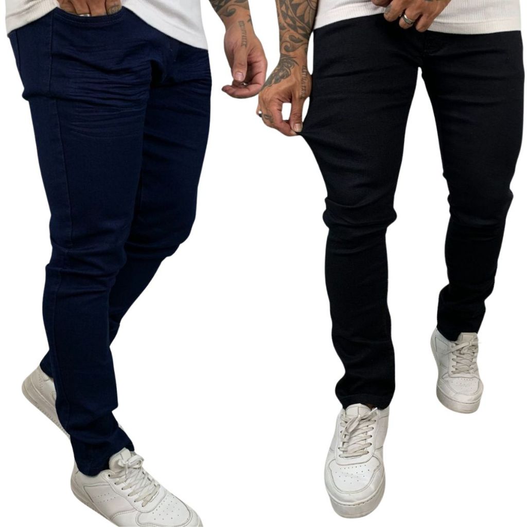 Kit Calças Jeans Skinny Masculina Azul Escuro e Preto Liso Material Premium