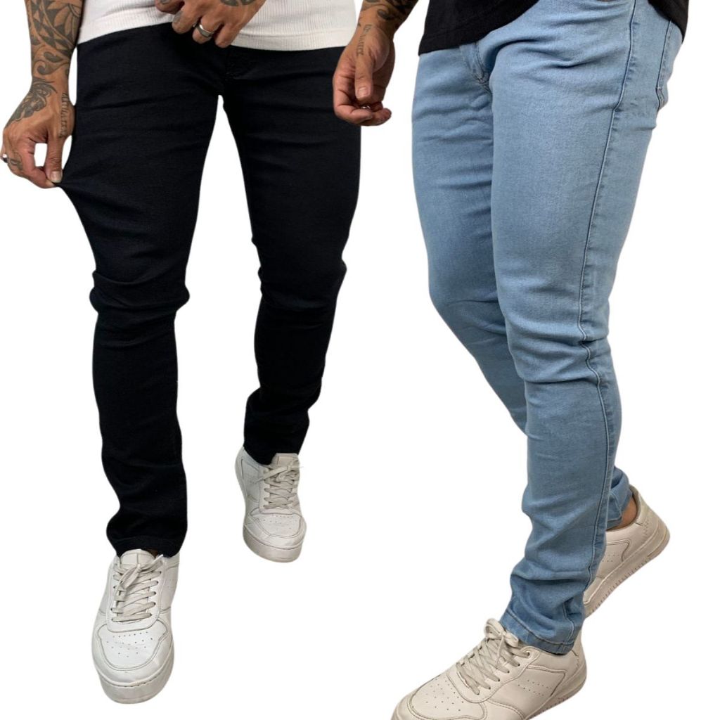 Kit Calças Skinny Jeans Masculina Preto Liso e Clara Lisa Material Premium