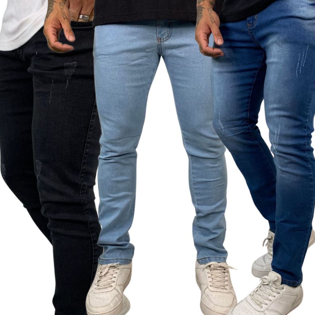 Kit Calças Jeans Skinny Masculina Clara, Azul e Preta Rasgada Material Premium