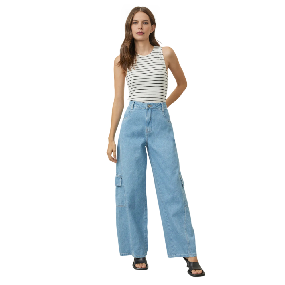 Calça Feminina Wide Leg Jeans Cargo Lançamento Cintura Alta Clara Pantalona  *Promoção Black Friday*