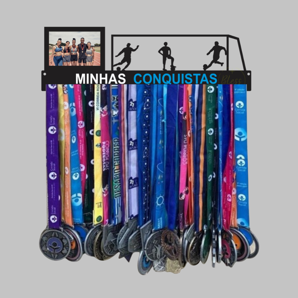 Porta Medalhas com foto Minhas Conquistas futebol mdf preto quadro decorativo com 20 ganchos
