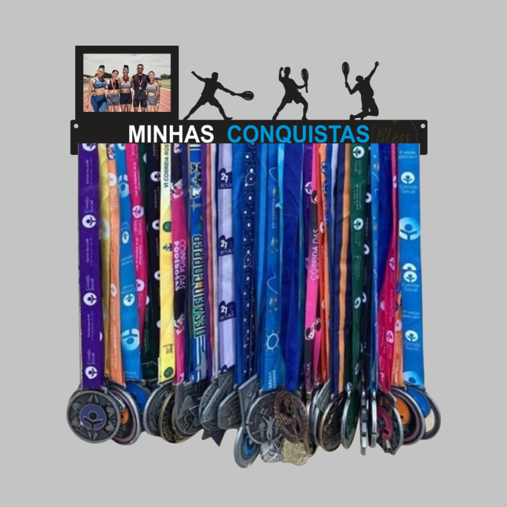 Porta Medalhas Beach Tennis masculino MINHAS CONQUISTAS quadro com Foto MDF