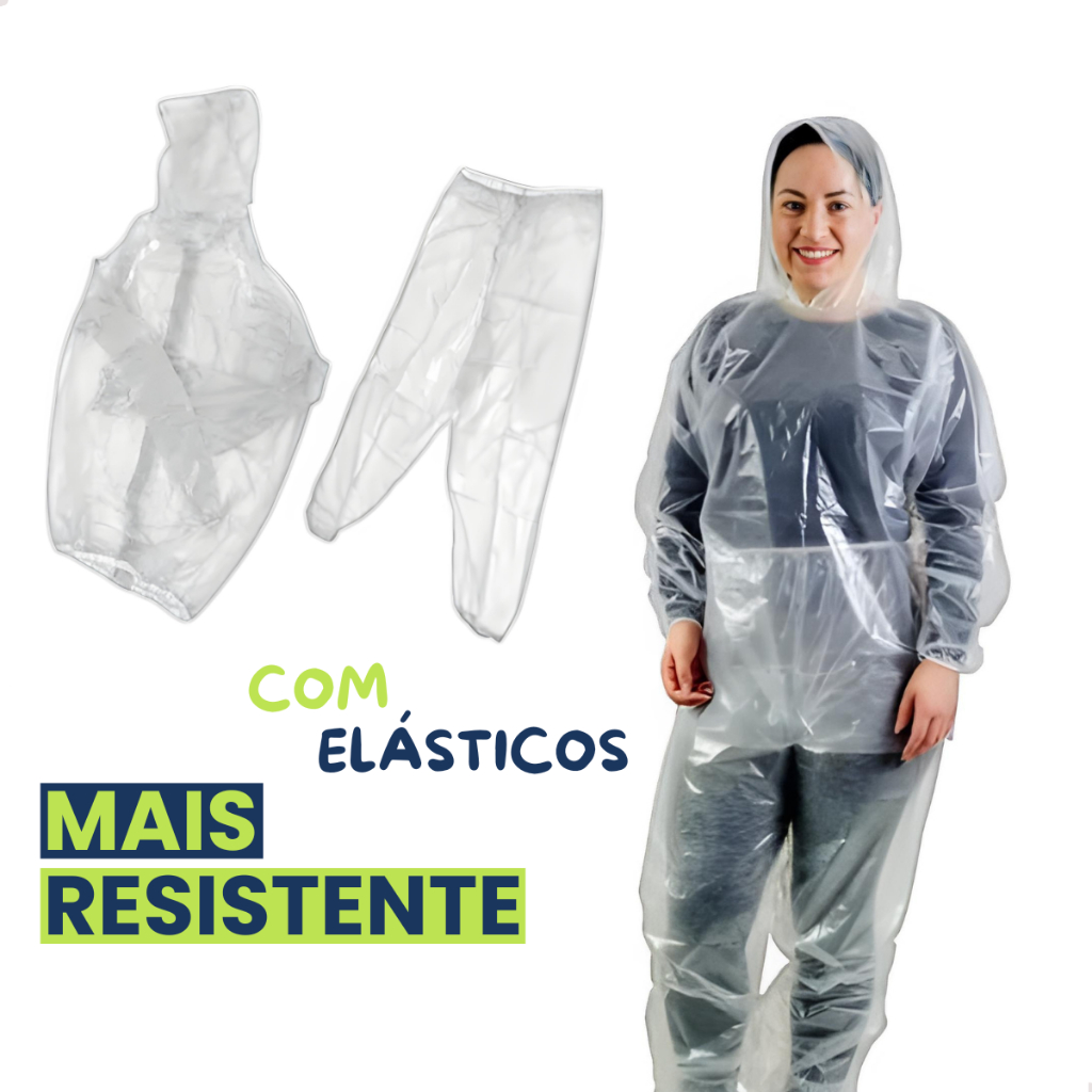 Conjunto Capa de Chuva Transparente com Elásticos Bata Calça Capuz Resistente