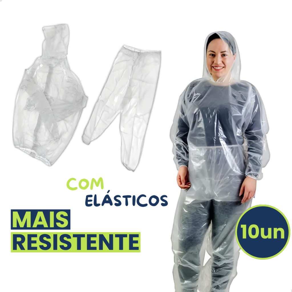 Kit 10 Conjunto Capa de Chuva Transparente com Elásticos Bata Calça Capuz Resistente