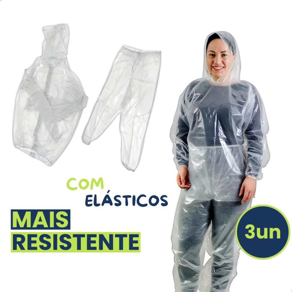 Kit 3 Conjunto Capa de Chuva Transparente com Elásticos Bata Calça Capuz Resistente