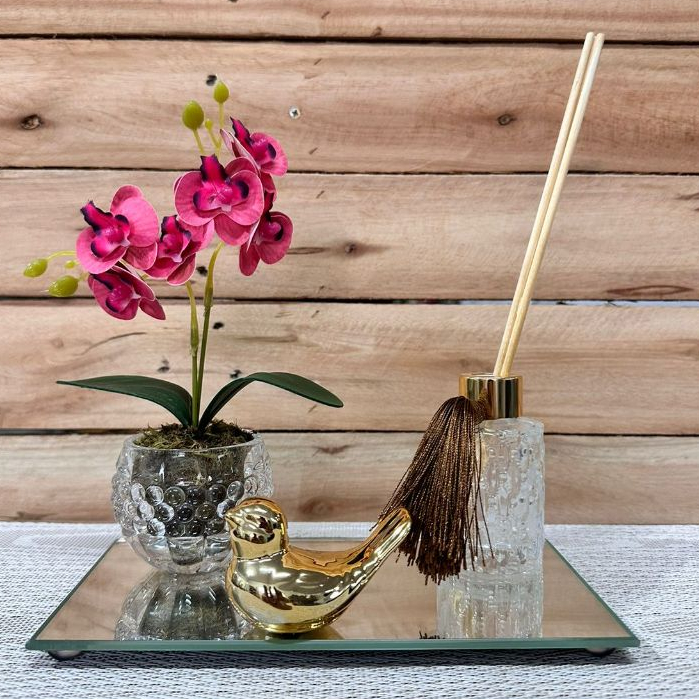 Kit Decoração Bandeja Espelhada, Vaso, Arranjo, Pássaros Dourado