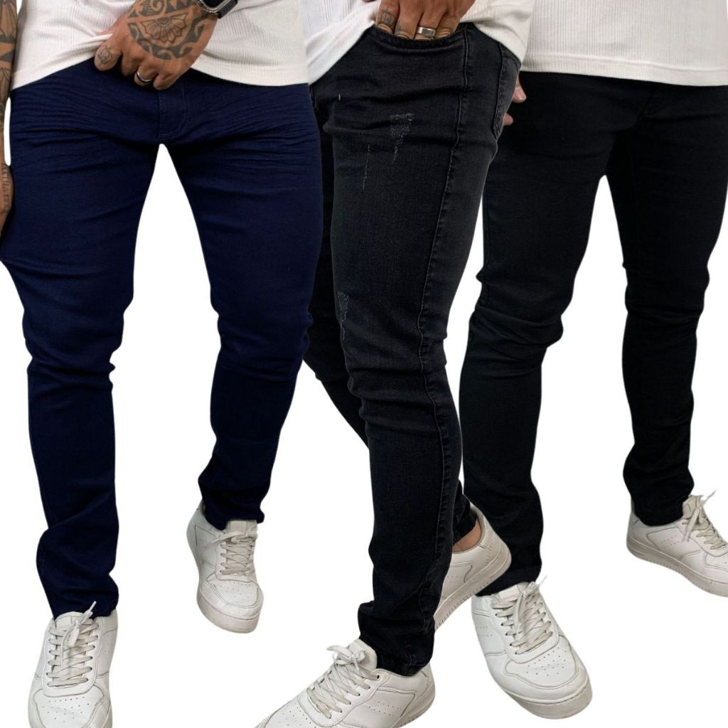 Kit Calças Jeans Skinny Masculina Preto Rasgado, Azul Escuro e Preto Liso Material Premium